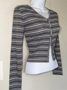 Vintage Y2K Anonymous Ribbed Striped Cardigan Crop Top Medium Grey Grunge